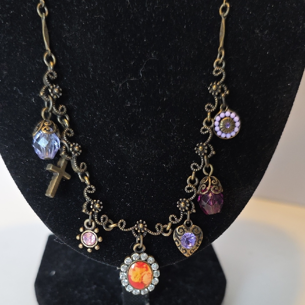 Avon Charm Necklace Victorian Style Bronze-tone Purple Pink Orange 18" Total